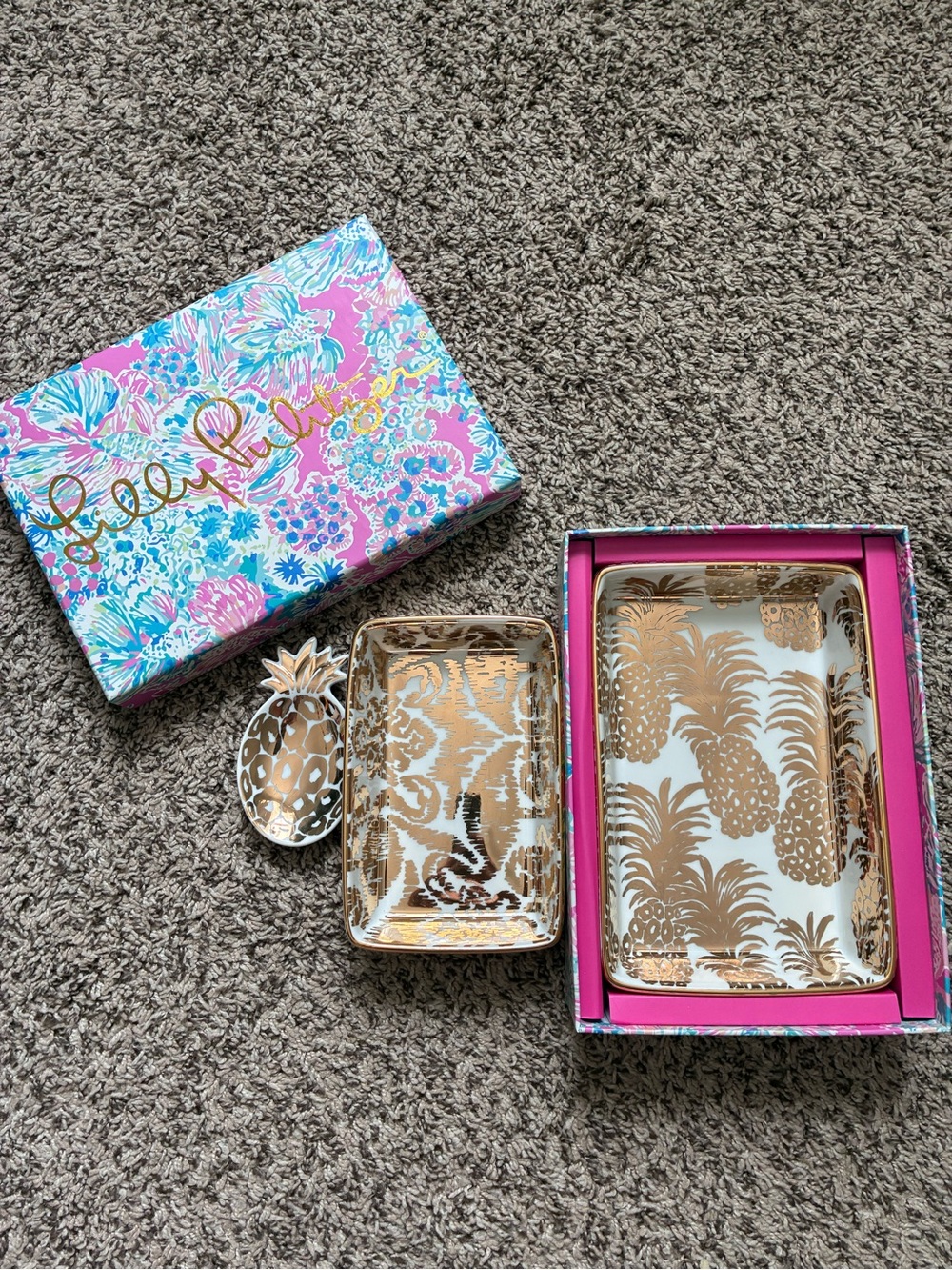 Lilly Pulitzer Pink, Aqua and Gold Pineapple Trinket Dish Set